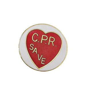 White Red Enamel C.P.R.SAVE Heart Brooch Pin Gold Tone Vintage